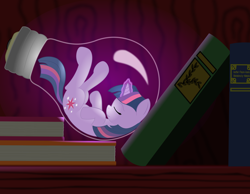 Size: 9000x7000 | Tagged: safe, artist:matty4z, twilight sparkle, unicorn twilight, pony, unicorn, absurd resolution, book, lightbulb, micro, pun, sleeping, solo, tiny, tiny ponies, twiny