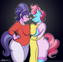 Size: 1280x1250 | Tagged: safe, alternate version, artist:sketchybug, cookie crumbles, cup cake, anthro, ass, bbw, big breasts, breasts, busty cookie crumbles, chubby, clothes, cups cake, explicit source, fat, female, plump, symmetrical docking, thick cup cake