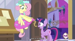 Size: 640x350 | Tagged: safe, derpibooru import, screencap, fluttershy, twilight sparkle, pegasus, pony, a canterlot wedding, bridesmaid dress, clothes, dress, hub logo, youtube caption