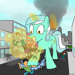 Size: 1000x1000 | Tagged: safe, artist:rapidstrike, lyra heartstrings, human, destruction, giantess, humie, irrational exuberance, macro, that pony sure does love humans