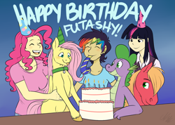 Size: 1280x911 | Tagged: safe, artist:cartoonlion, big macintosh, fluttershy, pinkie pie, rainbow dash, spike, twilight sparkle, oc, oc:futashy, ask, ask futashy, birthday, cake, futa, futashy, futaverse, humanized, intersex, spikie