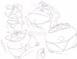 Size: 3275x2533 | Tagged: safe, artist:catstuxedo, pinkie pie, twilight sparkle, human, belly button, black and white, burp, clothes, fat, grayscale, horned humanization, humanized, inflation, midriff, monochrome, pudgy pie, puffy cheeks, sequence, soda, stomach noise, underwear