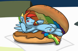Size: 1300x857 | Tagged: safe, artist:caluriri, rainbow blitz, rainbow dash, original species, pegasus, pony, burger, food, hooves, looking at you, male, micro, on back, ponies in food, rule 63, stallion, sultry pose