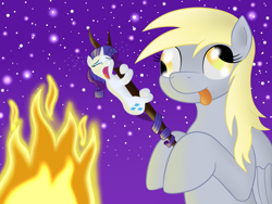Size: 1280x960 | Tagged: safe, artist:8aerondight8, derpy hooves, rarity, pegasus, pony, unicorn, campfire, cooked alive, cooking, crying, female, fire, mare, marshmallow, micro, rarity is a marshmallow, silly, tiny ponies, tongue out