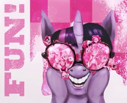 Size: 2647x2140 | Tagged: safe, artist:miradge, pinkie pie, twilight sparkle, earth pony, pony, too many pinkie pies, against glass, clones, glasses, micro, multeity, surreal
