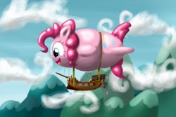 Size: 1280x853 | Tagged: safe, artist:noctulov, pinkie pie, twilight sparkle, pony, balloon, balloonie pie, blimp, cloud, cloudy, happy, inflation, macro, ship, sky, smiling