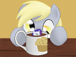 Size: 1280x960 | Tagged: safe, artist:8aerondight8, derpy hooves, rarity, pony, cup of pony, hot chocolate, marshmallow, micro, rarity is a marshmallow