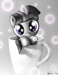 Size: 2499x3232 | Tagged: safe, artist:neko-me, twilight sparkle, unicorn twilight, pony, unicorn, cup, cup of pony, cute, filly twilight sparkle, grayscale, looking at you, micro, monochrome, mug, neo noir, partial color, solo, twiabetes