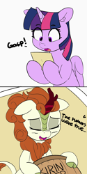 Size: 1320x2640 | Tagged: safe, artist:pabbley, color edit, edit, editor:the dreaded, autumn blaze, twilight sparkle, twilight sparkle (alicorn), alicorn, kirin, pony, sounds of silence, cloven hooves, colored, comic, dialogue, eyes closed, female, floppy ears, gasp, implied pissing, kirin beer, kirin beer is pee, mare, open mouth, peegasm, photo, smiling, wat
