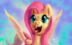 Size: 1920x1213 | Tagged: safe, artist:ponythroat, fluttershy, oc, oc:ratchet, oc:retchet, earth pony, fox, pegasus, pony, fetish, imminent vore, maw, micro, tongue out, uvula