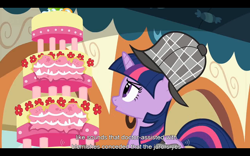 Size: 1024x640 | Tagged: safe, screencap, twilight sparkle, pony, unicorn, mmmystery on the friendship express, cake, deerstalker, female, food, hat, mare, solo, youtube caption