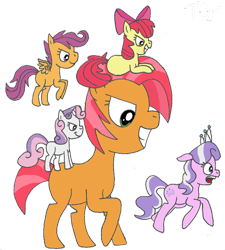 Size: 600x666 | Tagged: safe, artist:twitterfulpony, apple bloom, babs seed, diamond tiara, scootaloo, sweetie belle, pony, chase, cutie mark crusaders, flying, giant pony, giant/macro/mega babs seed, macro