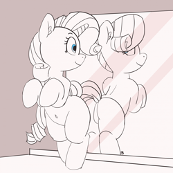 Size: 1280x1280 | Tagged: safe, artist:pabbley, rarity, pony, unicorn, 30 minute art challenge, belly button, bipedal, dock, ear fluff, featureless crotch, female, looking back, mare, mirror, partial color, plot, smiling