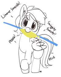 Size: 1280x1607 | Tagged: safe, artist:pabbley, rainbow dash, pegasus, pony, behaving like a bird, c:, cute, dashabetes, dialogue, head tilt, lemme smash, looking at you, monochrome, mouth hold, nom, parody, partial color, raised hoof, simple background, smiling, solo, stick, swiggity swooty, tail flick, white background