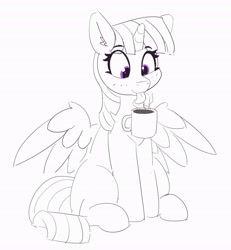 Size: 3785x4096 | Tagged: safe, artist:pabbley, twilight sparkle, twilight sparkle (alicorn), alicorn, pony, :p, chocolate, cute, ear fluff, female, food, happy, hot chocolate, mare, monochrome, neo noir, partial color, simple background, sitting, smiling, solo, spread wings, tongue out, twiabetes, white background, wings