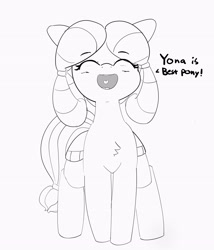 Size: 3221x3756 | Tagged: safe, artist:pabbley, yona, earth pony, pony, she's all yak, best pony, bow, chest fluff, cute, eyes closed, female, hair bow, happy, heart, monkey swings, monochrome, open mouth, ponified, pony yona, simple background, sketch, smiling, solo, species swap, white background, yonadorable