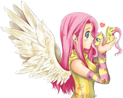 Size: 1119x895 | Tagged: safe, artist:d-tomoyo, fluttershy, human, pony, :o, blushing, clothes, cute, evening gloves, eye contact, heart, holding a pony, human ponidox, humanized, in goliath's palm, looking at each other, micro, open mouth, shyabetes, simple background, solo, spread wings, tiny, tiny ponies, transparent background, winged humanization, wings