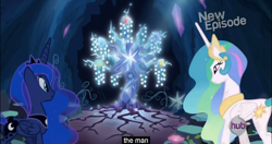 Size: 1152x606 | Tagged: safe, screencap, princess celestia, princess luna, alicorn, pony, princess twilight sparkle (episode), elements of harmony, meme, tree of harmony, youtube caption