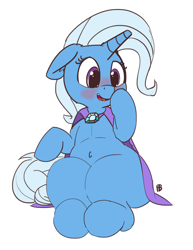 Size: 1280x1658 | Tagged: safe, artist:pabbley, trixie, pony, unicorn, belly button, blushing, cape, chubby, clothes, cute, diatrixes, female, floppy ears, happy, mare, missing accessory, plump, simple background, smiling, solo, thunder thighs, trixie's cape, white background