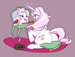 Size: 2130x1613 | Tagged: safe, artist:mellowhen, fleur-de-lis, pony, unicorn, brushing, brushing mane, chocolate, chubby, cushion, dock, fat, fleur dis lourde, food, large butt, magic, mirror, plot, solo, the ass was fat, wide hips