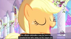 Size: 635x353 | Tagged: safe, derpibooru import, screencap, applejack, earth pony, pony, princess twilight sparkle (episode), canada, meme, solo, youtube caption