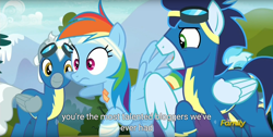 Size: 1920x970 | Tagged: safe, derpibooru import, screencap, misty fly, rainbow dash, silver lining, silver zoom, soarin', pegasus, pony, newbie dash, blogger, discovery family logo, meme, wonderbolts uniform, youtube caption