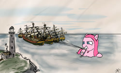 Size: 2000x1200 | Tagged: safe, artist:jberg18, pinkie pie, earth pony, pony, gritted teeth, gulliver's travels, lighthouse, looking back, macro, mouth hold, ocean, pinkamena diane pie, ship, solo