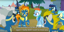 Size: 1920x970 | Tagged: safe, derpibooru import, screencap, high winds, misty fly, rainbow dash, silver lining, silver zoom, soarin', spitfire, surprise, pegasus, pony, newbie dash, bandage, dating, discovery family logo, eye contact, implied lesbian, implied shipping, implied spitdash, lidded eyes, meme, open mouth, smiling, wonderbolts uniform, youtube caption