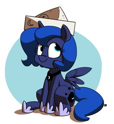 Size: 1280x1395 | Tagged: safe, artist:pabbley, princess luna, alicorn, pony, cartographer's cap, cute, female, filly, hat, moonstuck, sitting, solo, spread wings, wings, woona, younger