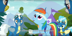 Size: 1920x970 | Tagged: safe, derpibooru import, screencap, misty fly, rainbow dash, silver lining, silver zoom, spitfire, pegasus, pony, newbie dash, discovery family logo, meme, wonderbolts uniform, youtube caption