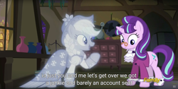 Size: 1920x970 | Tagged: safe, derpibooru import, screencap, applejack, snowfall frost, spirit of hearth's warming past, starlight glimmer, earth pony, pony, a hearth's warming tail, discovery family logo, meme, youtube caption