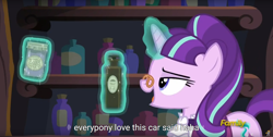 Size: 1920x970 | Tagged: safe, screencap, snowfall frost, starlight glimmer, pony, unicorn, a hearth's warming tail, discovery family logo, levitation, magic, meme, telekinesis, youtube caption