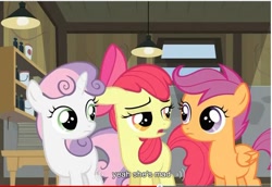 Size: 700x481 | Tagged: safe, screencap, apple bloom, scootaloo, sweetie belle, cutie mark crusaders, meme, youtube caption