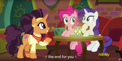 Size: 1920x970 | Tagged: safe, derpibooru import, edit, edited screencap, screencap, pinkie pie, rarity, saffron masala, earth pony, pony, unicorn, spice up your life, caption, death threat, discovery family logo, female, mare, meme, threat, youtube caption