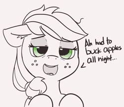Size: 2112x1827 | Tagged: safe, artist:pabbley, applejack, earth pony, pony, 30 minute art challenge, addiction, applebucking, dialogue, female, floppy ears, freckles, lidded eyes, mare, messy mane, monochrome, obsession, partial color, simple background, sleep deprivation, solo, tired, white background