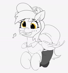 Size: 1716x1852 | Tagged: safe, alternate version, artist:pabbley, derpy hooves, pegasus, pony, blushing, clothes, cute, derpabetes, ear fluff, female, hat, heart, letter, mailmare, mare, monochrome, mouth hold, neo noir, partial color, smiling, socks, solo