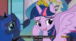 Size: 1600x855 | Tagged: safe, screencap, princess celestia, princess luna, twilight sparkle, twilight sparkle (alicorn), alicorn, pony, princess spike (episode), female, mare, meme, youtube caption