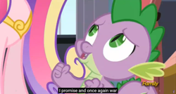 Size: 1600x855 | Tagged: safe, screencap, princess cadance, spike, alicorn, dragon, pony, princess spike (episode), meme, youtube caption