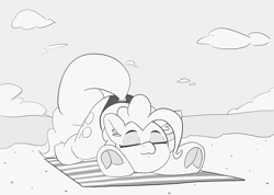 Size: 1280x911 | Tagged: safe, artist:pabbley, pinkie pie, earth pony, pony, 30 minute art challenge, beach, beach towel, black and white, clothes, cute, diapinkes, face down ass up, female, frog (hoof), grayscale, mare, monochrome, relaxing, sand, sky, smiling, solo, sunbathing, swimsuit, underhoof