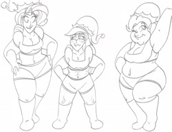 Size: 2429x1861 | Tagged: safe, artist:catstuxedo, pinkie pie, rainbow dash, rarity, human, belly button, christmas, chubby, fat, humanized, monochrome, pudgy pie