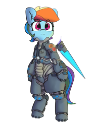 Size: 2733x3600 | Tagged: safe, artist:greyscaleart, artist:pabbley, color edit, edit, rainbow dash, pegasus, pony, armor, bipedal, colored, cute, dashabetes, female, mare, power armor, simple background, smiling, solo, transparent background