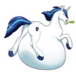 Size: 3000x3000 | Tagged: safe, alternate version, artist:moonhoek, shining armor, pony, unicorn, belly, belly bed, burp, commission, digital art, eyes closed, fetish, full body, impossibly large belly, male, open mouth, rcf community, same size vore, solo, stallion, underhoof, vore