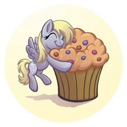 Size: 1125x1125 | Tagged: safe, artist:raynesgem, derpy hooves, pegasus, pony, female, hug, mare, micro, muffin, solo, that pony sure does love muffins