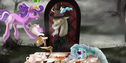 Size: 2000x1000 | Tagged: safe, artist:aurarrius, derpy hooves, discord, screw loose, screwball, pegasus, pony, alice in wonderland, apple, cake, crossover, female, food, mad hatter, mare, micro, sinister smile, tea, tea party, teapot