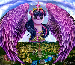 Size: 2300x2000 | Tagged: safe, artist:missyasylum, derpy hooves, twilight sparkle, twilight sparkle (alicorn), alicorn, pony, barn, big crown thingy, female, giant pony, house, houses, huge, leviathan, macro, mare, mega giant, mega twilight sparkle, ponyville, ponyville town hall, river, town hall