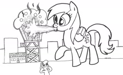 Size: 1630x1000 | Tagged: safe, artist:abronyaccount, derpy hooves, lily, lily valley, kaiju, pegasus, pony, atomic breath, female, fire, giant derpy hooves, giantess, godzilla, godzilla (series), macro, mare, monochrome, muffin, simple background, the horror, white background