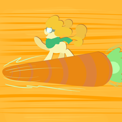 Size: 800x800 | Tagged: safe, artist:perrydotto, carrot top, golden harvest, carrot, clothes, cute, cutie top, goggles, macro, riding, rocket, scarf, solo, wat