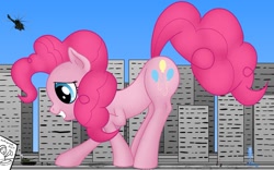 Size: 1131x707 | Tagged: safe, artist:funkybacon, pinkie pie, human, pony, giant pony, macro, military