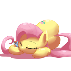 Size: 1000x1000 | Tagged: safe, artist:khorme, fluttershy, rainbow dash, pegasus, pony, :t, cute, eyes closed, female, flutterdash, giantess, lesbian, macro, micro, on side, plot, shipping, sleeping, smiling, tiny