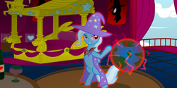 Size: 3200x1600 | Tagged: safe, artist:gatesmccloud, trixie, alicorn amulet, giantess, globe, glowing eyes, macro, shrink